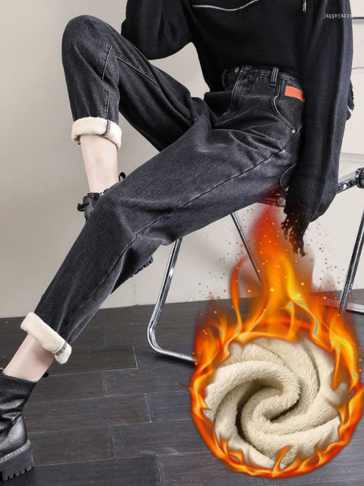 

Women' Jeans 2022 Winter Padded Warm Fleece Versatile Women' Pants Denim Thickening Slim Fit Pencil Female Clothing T389, Black grey thicken