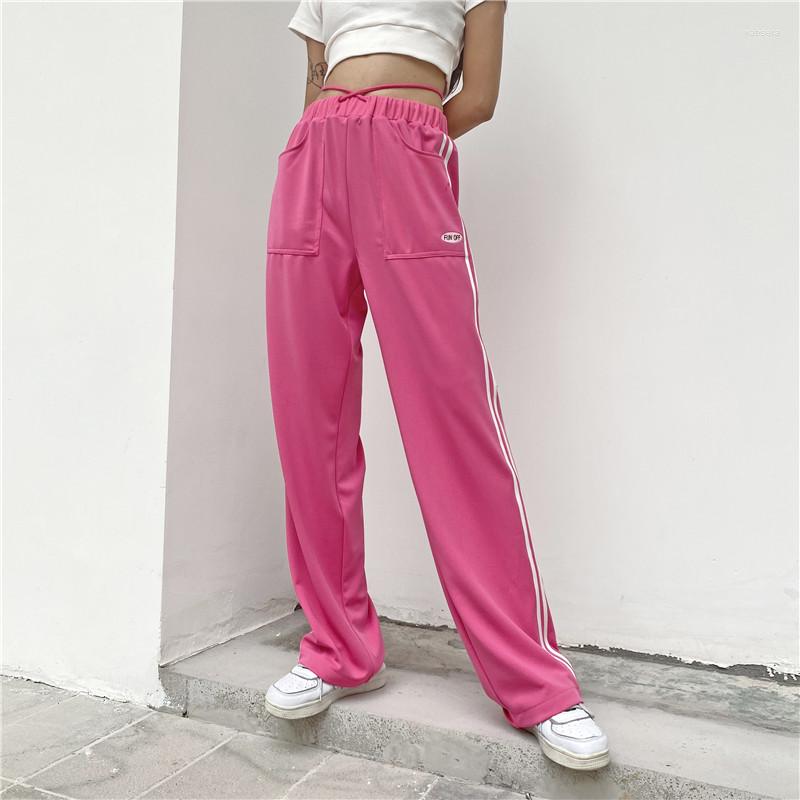 

Women' Pants 2022 Sports And Leisure Straight Loose Elastic Rib High Street Ladies Pink Waist With Daily Streetwear, Black