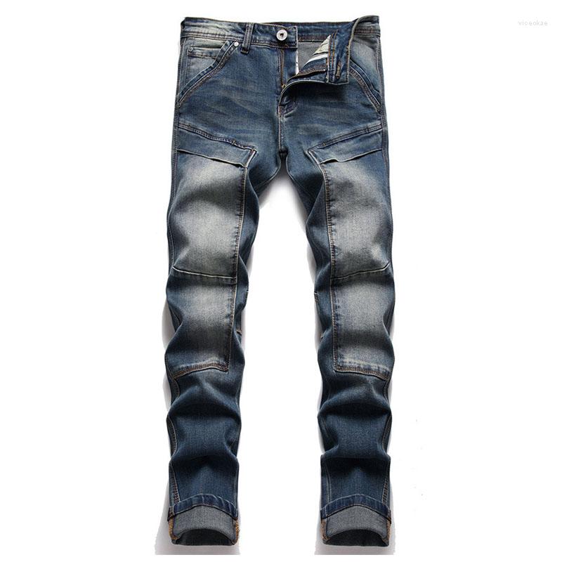 

Men's Jeans Mcikkny Men Fashion Biker Casual Trousers Skinny Patchwork Washed Denim Pants For Male Solid Color, Blue