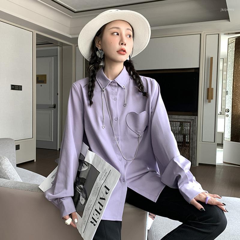

Women' Blouses Women Purple Color Chains Love Pocket Shirt Female Lapel Long Sleeve Single Breasted Shirts 2022 Spring Autumn N414