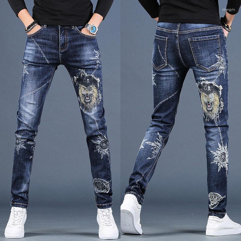 

Men's Jeans Men's Printed Pants Trendy Brand Slim Small Feet Casual Embroidered Denim Summer Style, Black blue