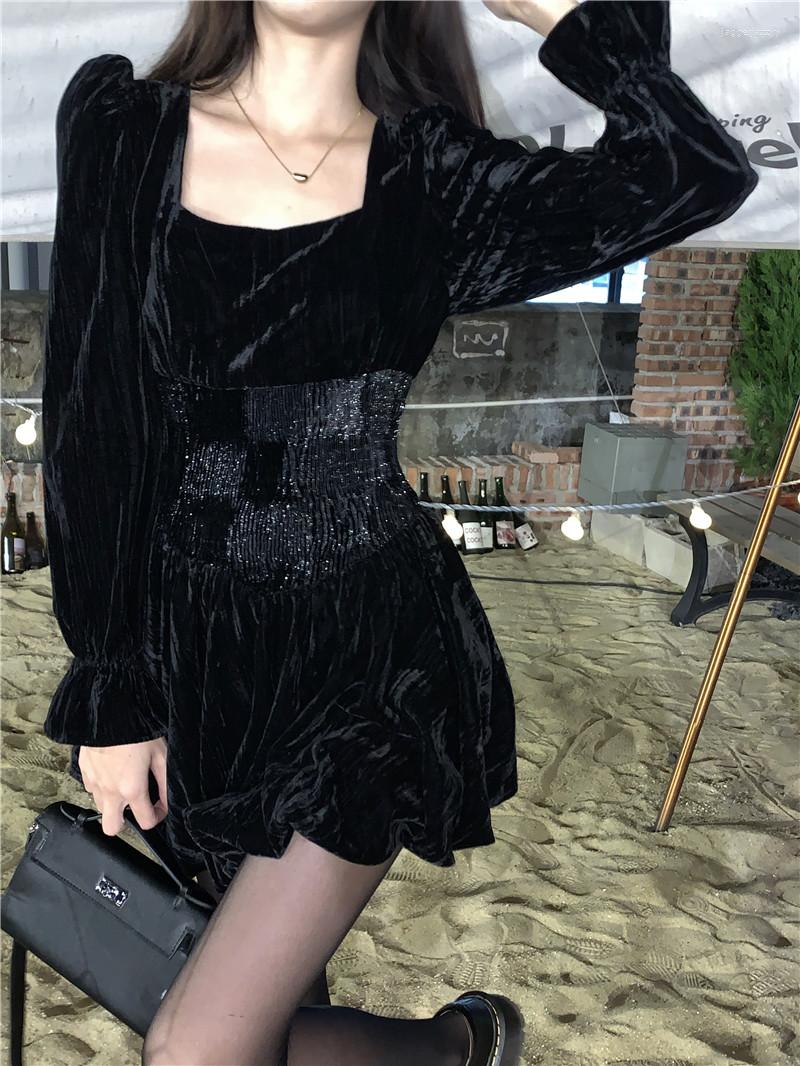 

Women's T Shirts GS1758 Velvet Long Sleeve Dress Women's Autumn And Winter 2022 Design Feeling Slim Square Neck Bottomed Small Black, Gold