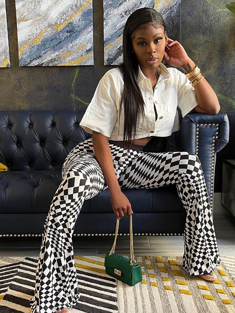 

Women' Pants Rhombus Print Patchwork Flare High Waist Floor Length Bodycon Elastic Trousers Y2k 2022 Summer Women Streetwear Capris, Black
