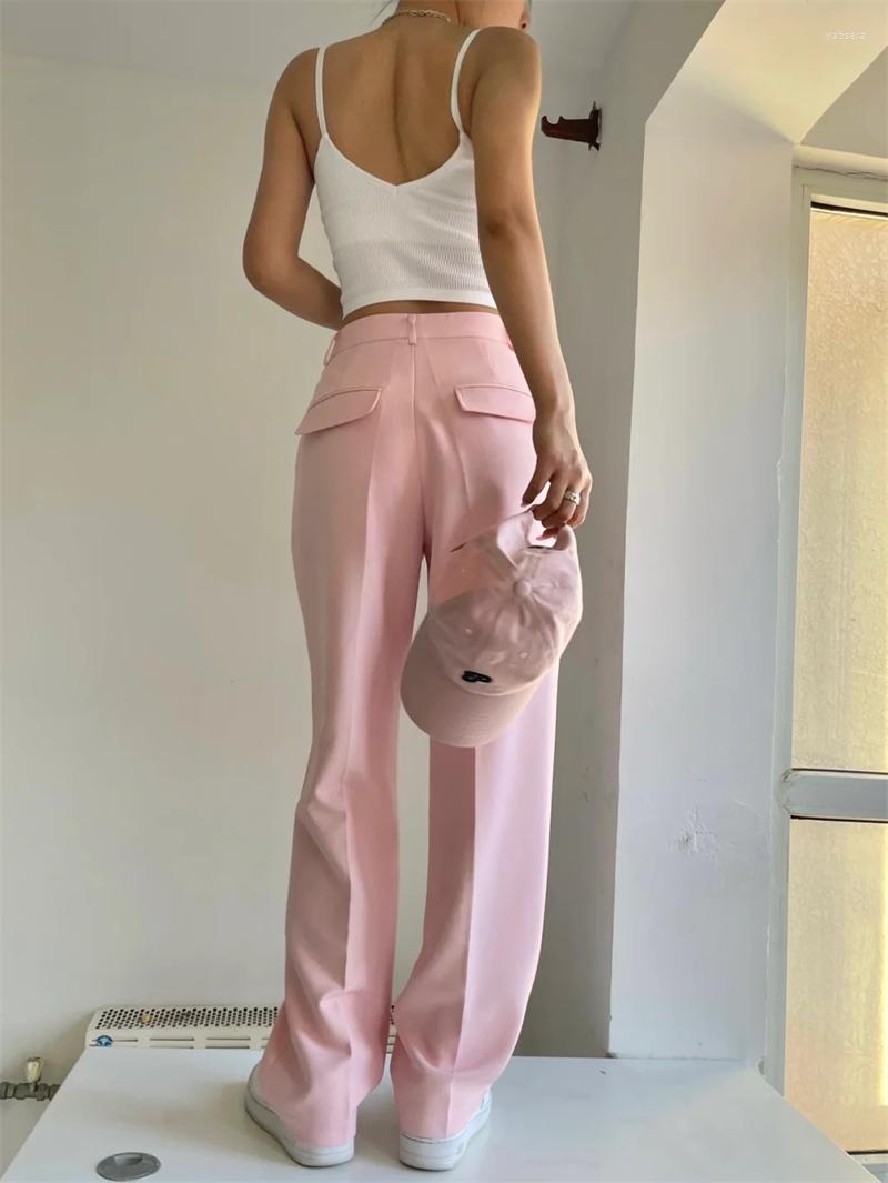 

Women' Pants Lovely Pink Suit For Women Spring Summer Chic High Waist Straight Long Lady Streetwear Wide Leg