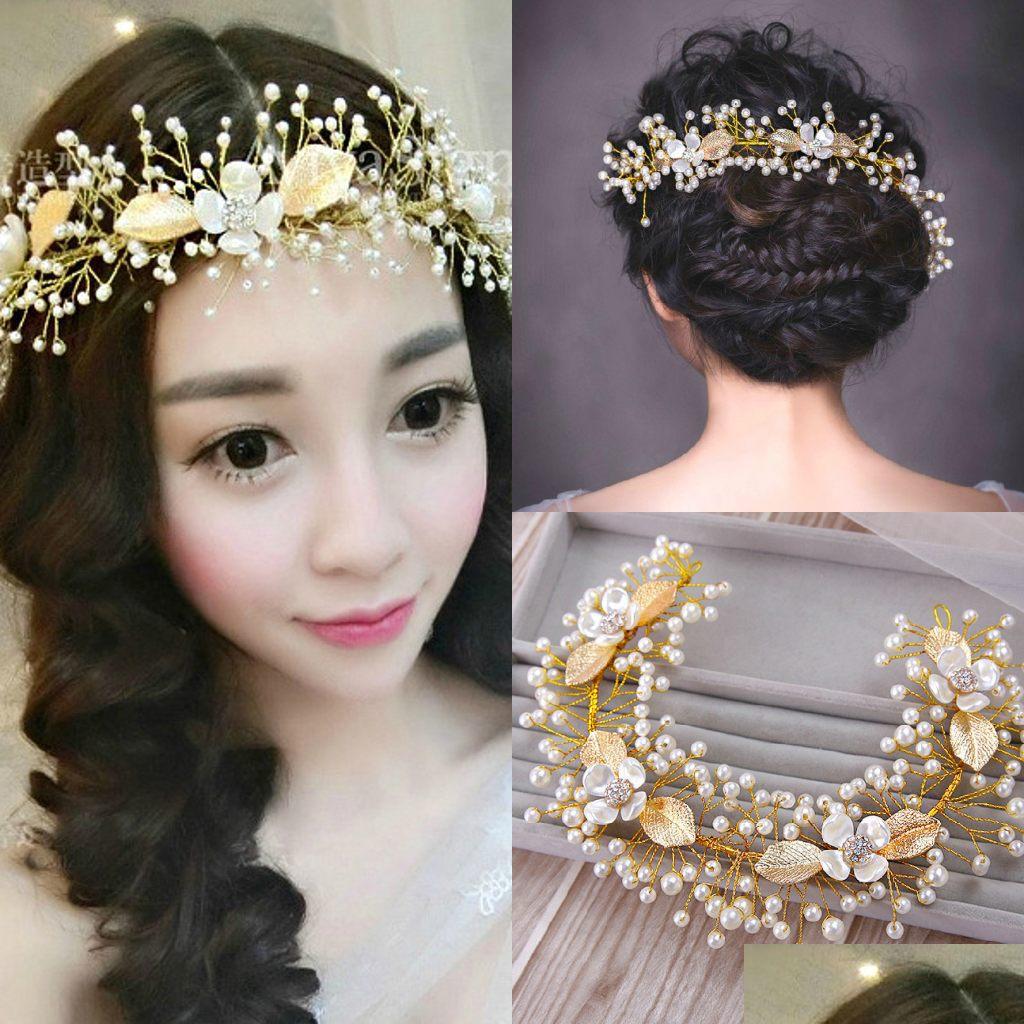 

Headpieces Romantic Korean Style Flowers Hairbands Luxury Gold Faux Pearl Bridal Accessories For Weddings Drop Delivery Wedding Party Dhh61