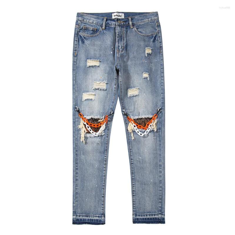 

Men's Jeans Y2K Ripped Patchwork Washed Men'S Chain Decorated Casual Pants Ins American Trend Slim Straight Trousers Pencil Men, Blue