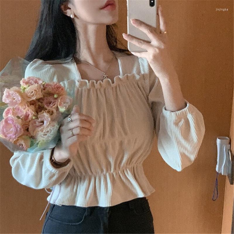 

Women's Blouses Korean Fashion Corduroy Women Long Sleeve Pleated Square Collar Vintage Short Shirt 2022 Casual Solid Blusas Mujer, Black