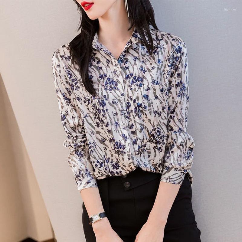 

Women' Blouses Floral Long-sleeved Shirt Women Spring And Autumn 2022 Temperament Chiffon Top Printing POLO Collar Blouse Girl Button, Purple
