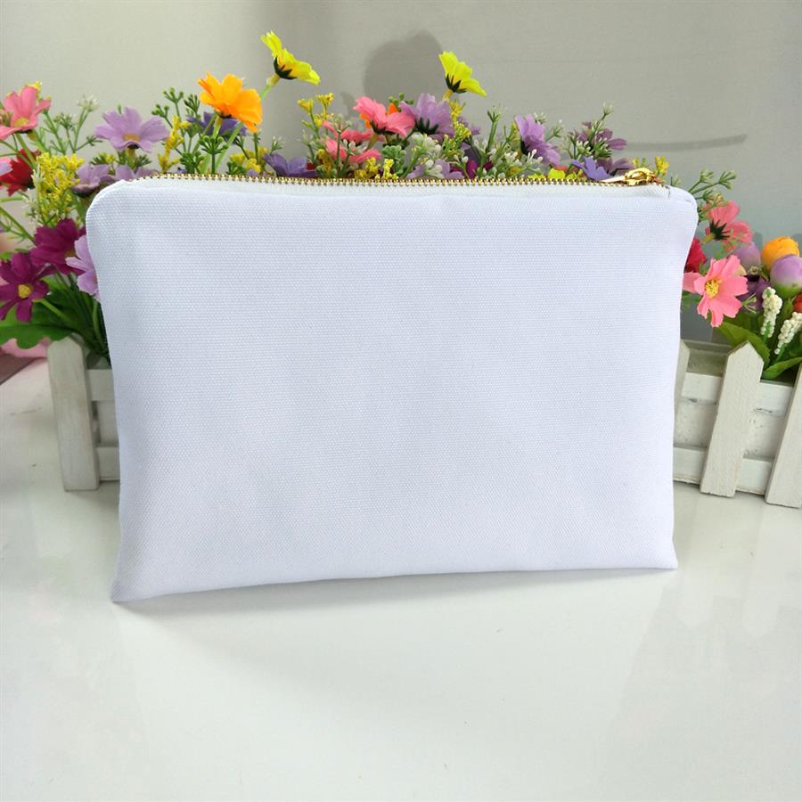 

12oz white poly canvas makeup bag for sublimation print with lining white-gold zip blank cosmetic pouch heat transfer244c
