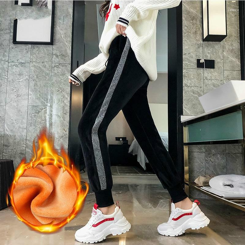 

Women's Pants Gold Velvet Side Slits Harem Female Winter Trouser Large Size Sweatpants Women Baggy With Stripes Warm, Black