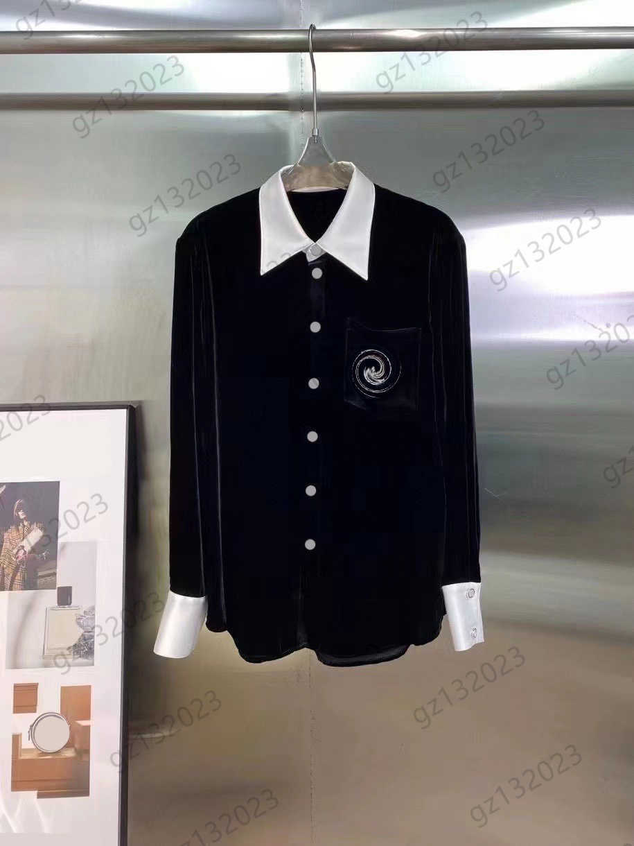 

Womens Blouses Tops Velvet Fabric Hot Drill Custom Brooch Brand Blouse Contrast Color Spliced Lapels Button Flap Shirts Fashion Designer Women Clothing, 16