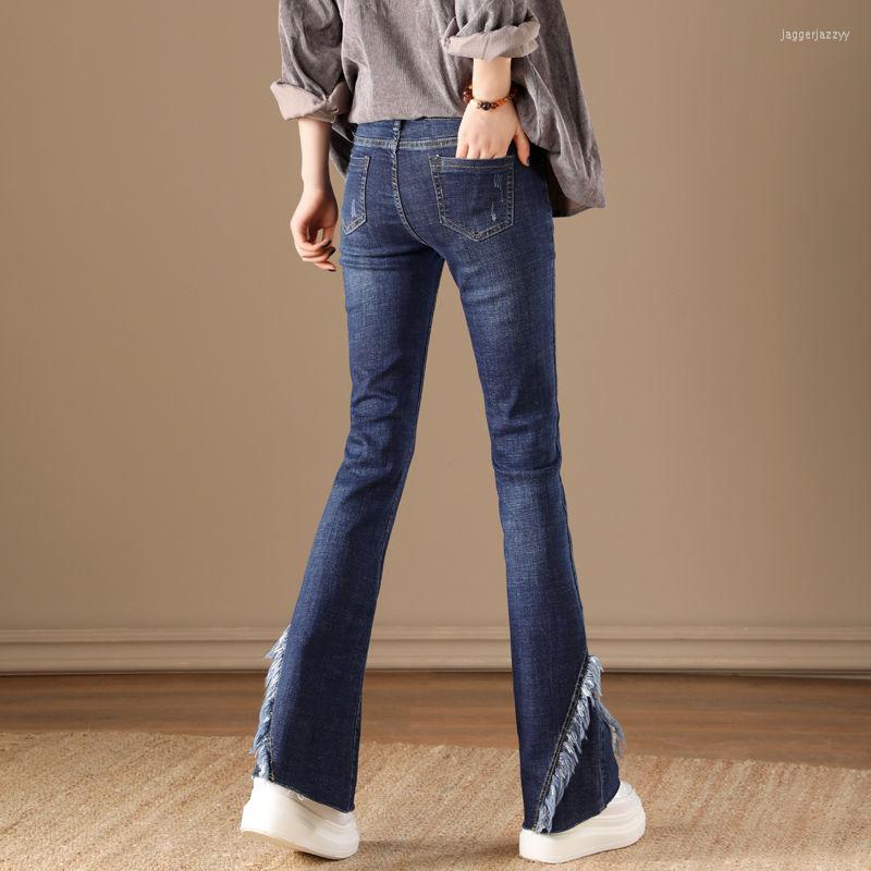 

Women's Jeans 2022 Autumn Winter Women Denim Flare Pants High Waisted Female Korean Slim Ankle-Length Elastic Tassel Y46, 3663 heise