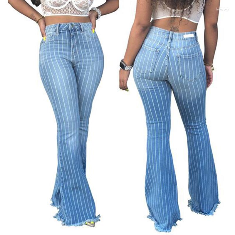 

Women' Jeans White Stripe Flared Women Fashion Gradient High Waist Bellbottoms Tassel Lady Retro Blue Skinny Boot-cut Denim Pants