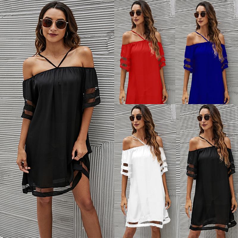 

Casual Dresses Dress Women' Solid Color Neck Short Sleeve Sexy Backless Mesh Stitching Mini Vestidos De Mujer, Black