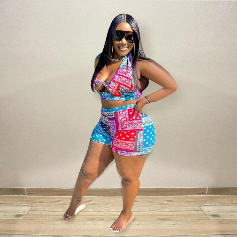 

Women' Tracksuits POFGD 2022 Sleeveless Bikini Print Suitable Clubwear Sexy Summer Short Pant Shorts 2PCs Matching Sets Club Birthday