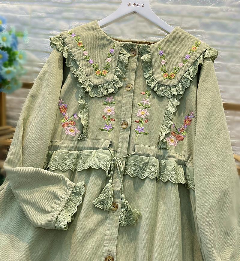 

Casual Dresses Green Velvet Dress Corduroy 2022 Winter Embroidery Midi
