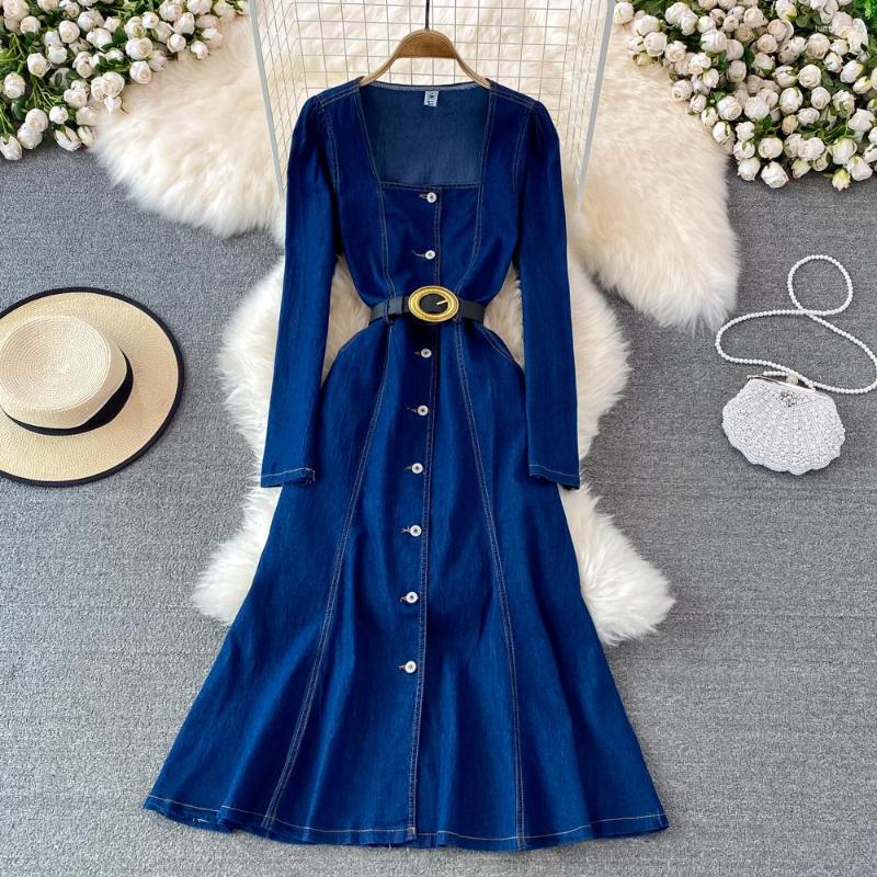 

Casual Dresses 2022 Fashion Women's Spring Square Collar Long Sleeve Denim Jeans With Belt Slim Waist Mermaid Midi Dress MLXLXXL3XL, Blue