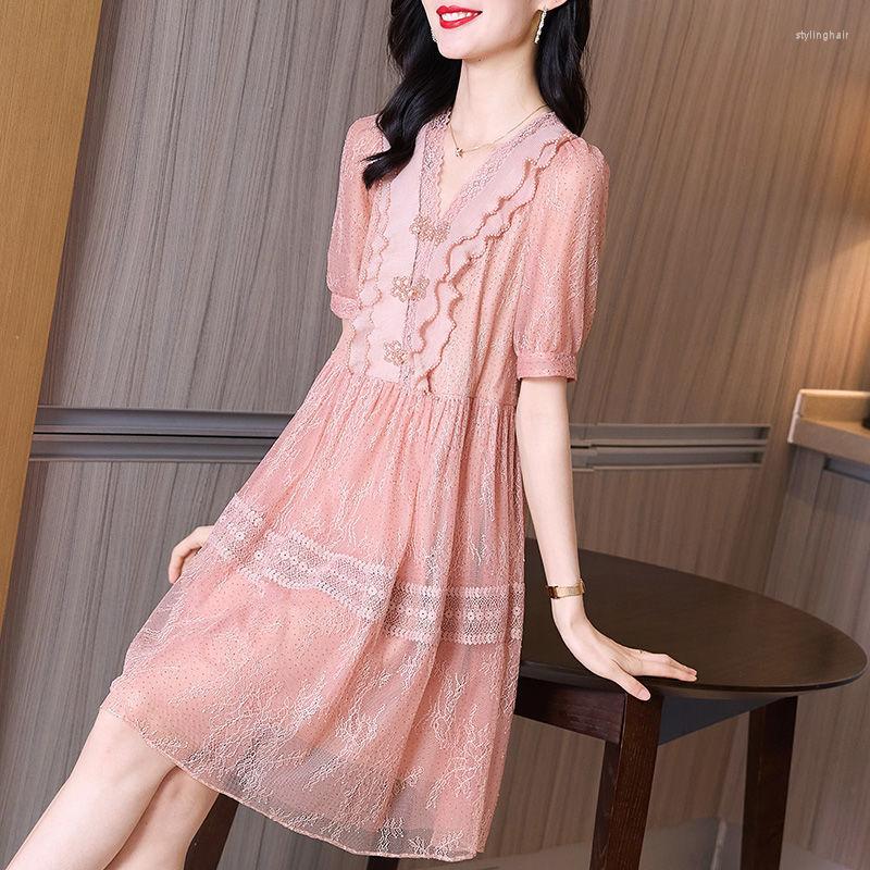 

Party Dresses Dress Female 2022 Summer Women' Clothing French V Neck Short Sleeve Romantic Tenderness Loose Slim Lace Mesh, Pink