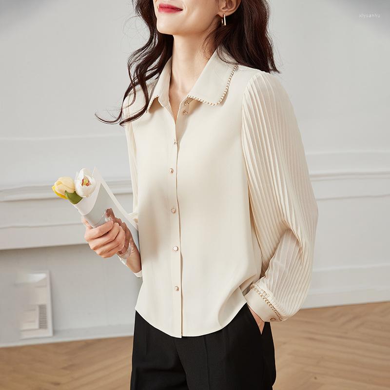 

Women' Blouses Women Gentle Ladies Commuting Professional Bubble Sleeve Shirt Woman Pleated Spring Autumn Stud Lapel Chiffon Tops, Apricot