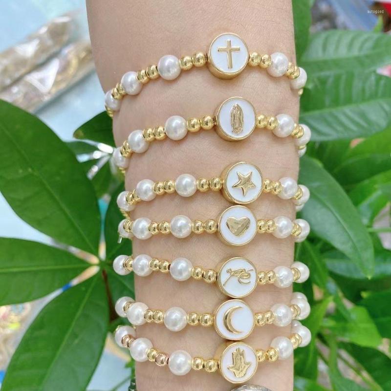 

Strand 5PCS Bohemia Heart Star Moon Cross Jesus Mary Enamel Spacer Bracelet For Women Gold Charm Bracelets & Bangles DIY Jewelry