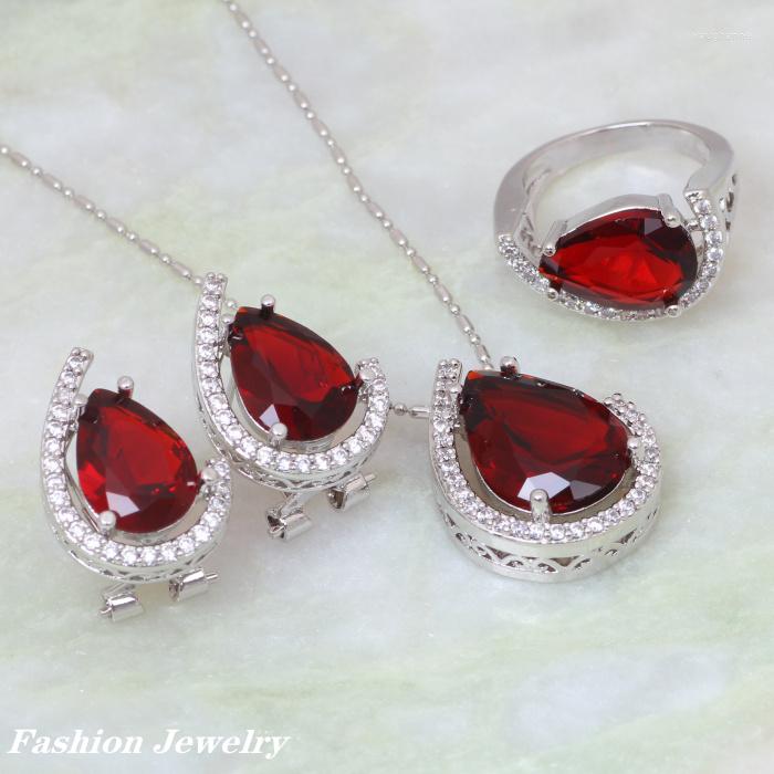 

Necklace Earrings Set Fashion For Women 2022 Red Cubic Zirconia Silver Color Pendant/Ring/Earrings Size 6 7 8 9 S167, Picture shown
