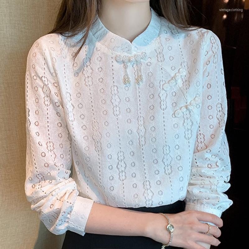

Women' Blouses Autumn And Winter Chinese Style Lace Blouse Cheongsam Shirt Women' Long Sleeves Tops, Beige