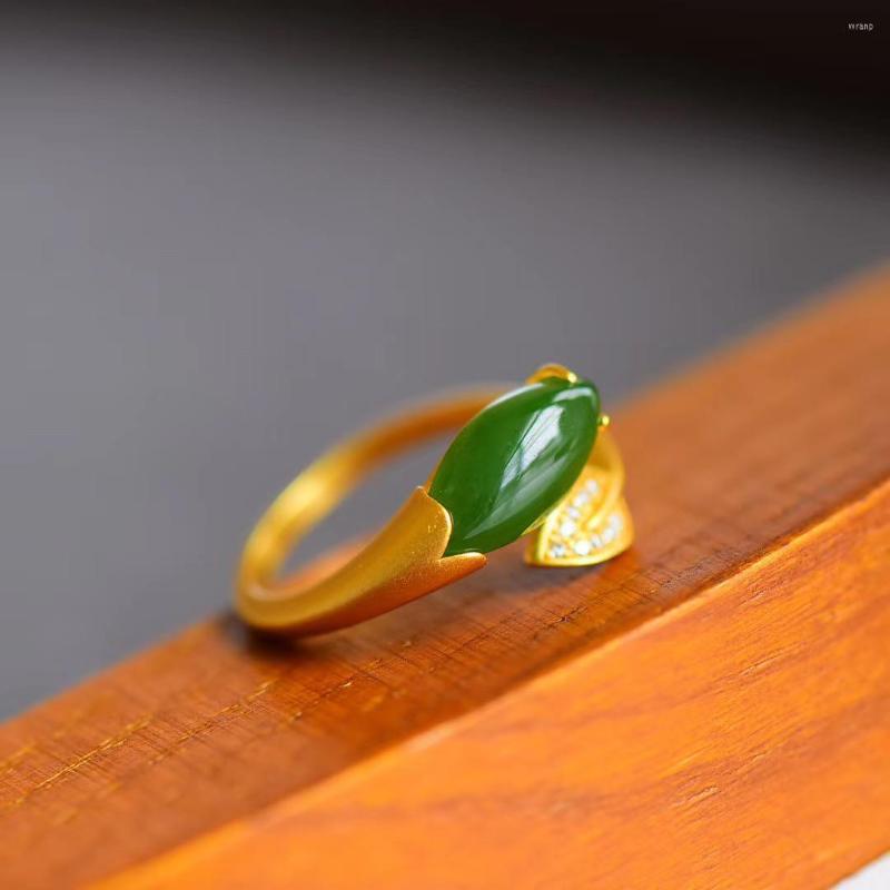 

Cluster Rings Hetian Jade Horse Eye Sun Green Full Color S925 Sterling Silver Ancient Gold Inlaid Ring Setting Design Fashionable