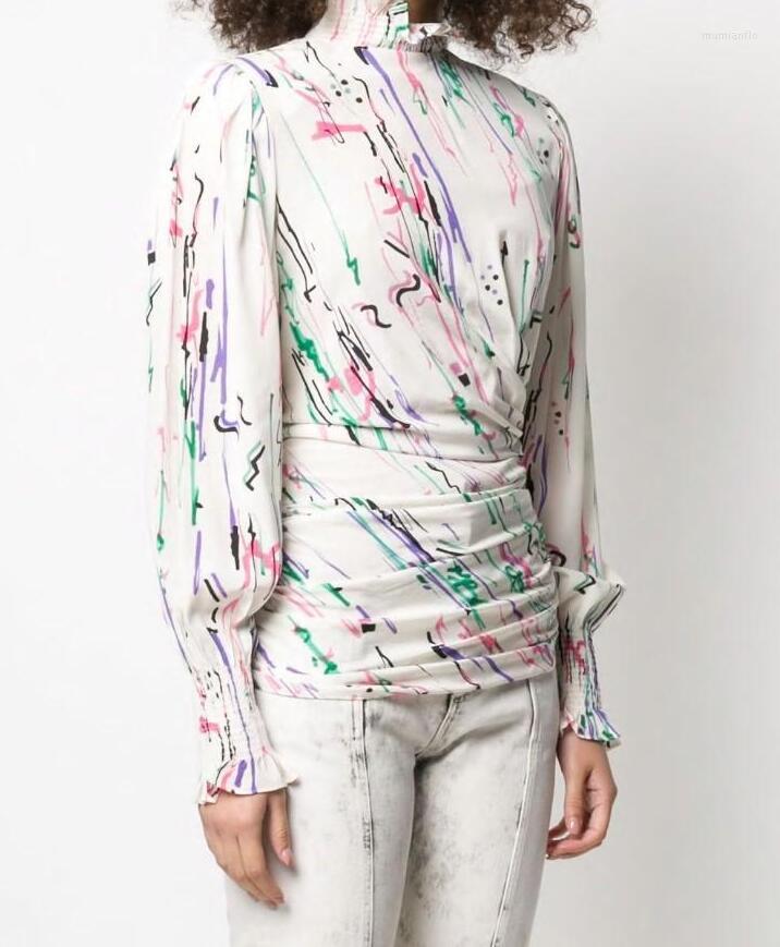

Women's Blouses Woman White Colorful Graffiti Print Silk Blouse Asymmetric Creased Cinched Waist High Collar Flounce Detail Long Sleeves, Multi