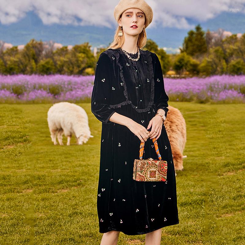 

Casual Dresses Street Fashion O-Neck Silk Velvet Embroidery Splice Lace Women' Autumn And Winter 2022 Three Quarter Sleeve Dress -XL, Black