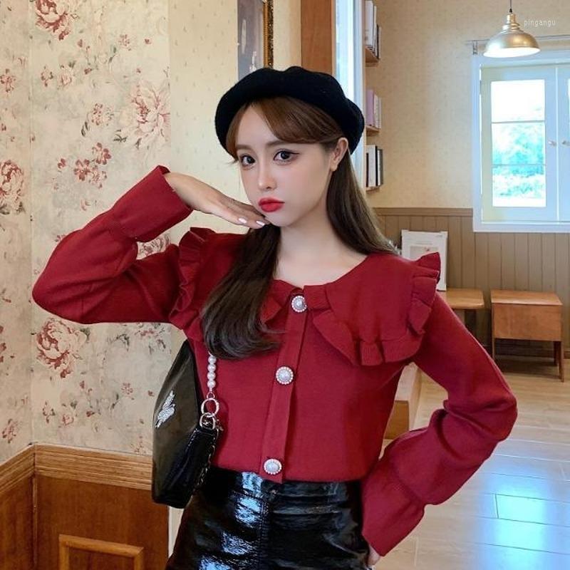 

Women's Knits Autumn Winter 2022 Women's Loose Casual Single Breasted Knitting Sweaters Female Flare Sleeves Ruffles O-neck Cardigans, Black