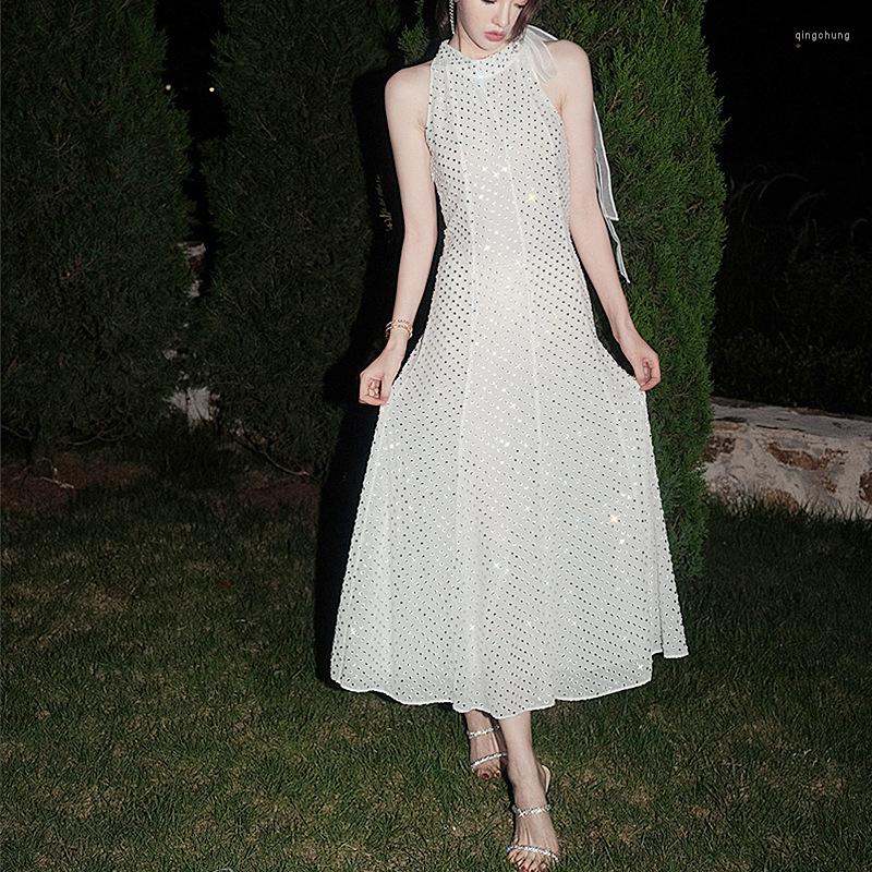 

Casual Dresses Design Women Long Dress White Sleeveless Dot Diamonds Party Club Robes Vestidos Elegant Female Clothes Lady