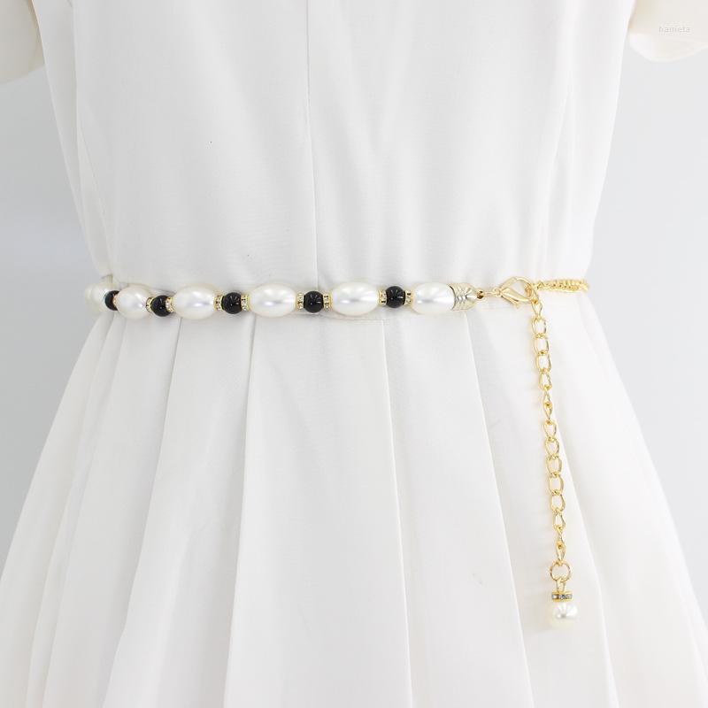 

Belts 2022 Elegant Pearl Thin Women Long Leather Rope Braid Waist Belt Bohemia Girls Summer Waistband For Dress Present, White