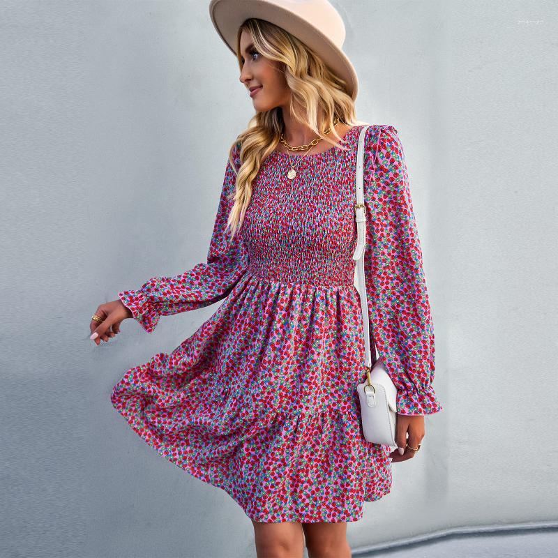 

Casual Dresses Chic Women Flared Long Sleeve Floral Mini Dress Elasticity A-line Boho Elegant Ladies 2022 Autumn Clothes Vestido, Blue