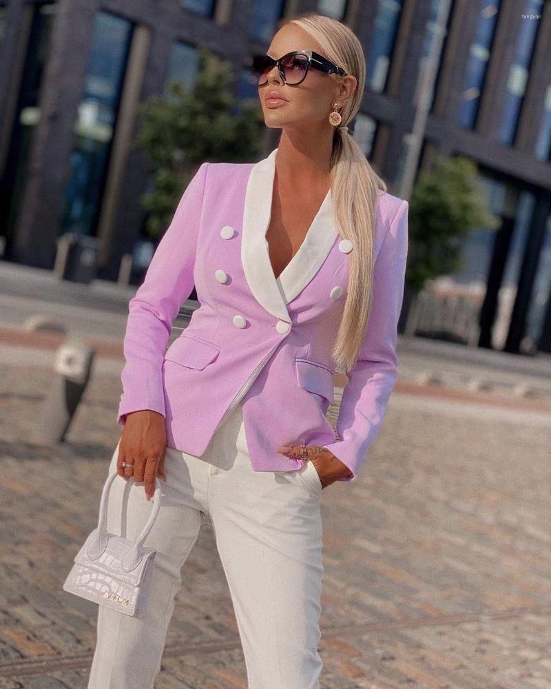 

Women' Suits High Quality Woman Fashion Blazer Light Purple Hit Color Notched Long Sleeve White Double Breasted Office Lady Style Vintage, Lavender
