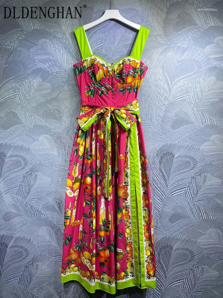 

Casual Dresses DLDENGHAN Autumn Cotton Dress Women' Spaghetti Strap Backless Lemon Flower Print Belted Vintage Party Long, Multi
