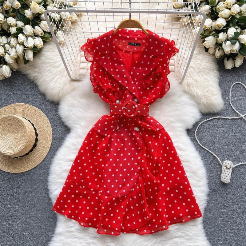 

Party Dresses Summer High-end Cold Wind Suit Collar Polka Dot Dress Women' Chic And Beautiful Ruffled Waist, Black