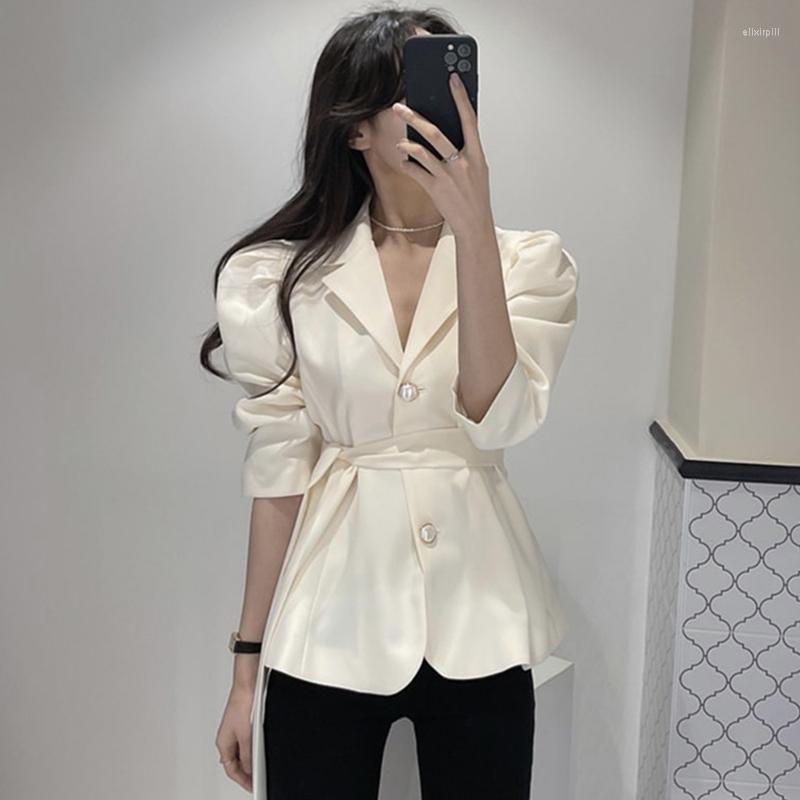 

Women's Suits Autumn Spring Women Jacket Belt Harajuku ChicPuff Sleeve Party Coat Blazers Lace Up Wild Tops Outwear Slim Street Sweet, Black