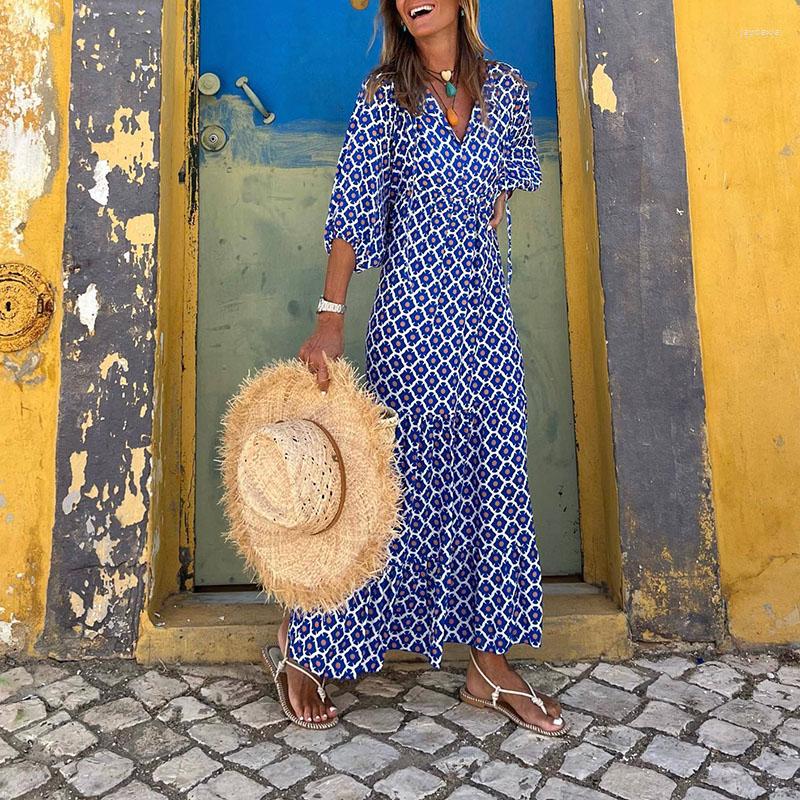 

Casual Dresses Women Autumn Elegant Street Print Boho Dress Fashion Loose V-Neck Long Harajuku Oversized 3/4 Sleeve Party, 01 blue