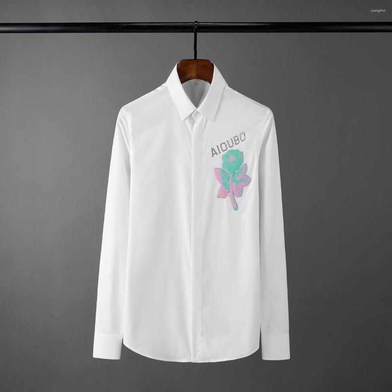 

Men's Casual Shirts Minglu Solid Color Mens Luxury Rose Printed And Diamond Long Sleeve Man Plus Size Slim Fit Male, Black
