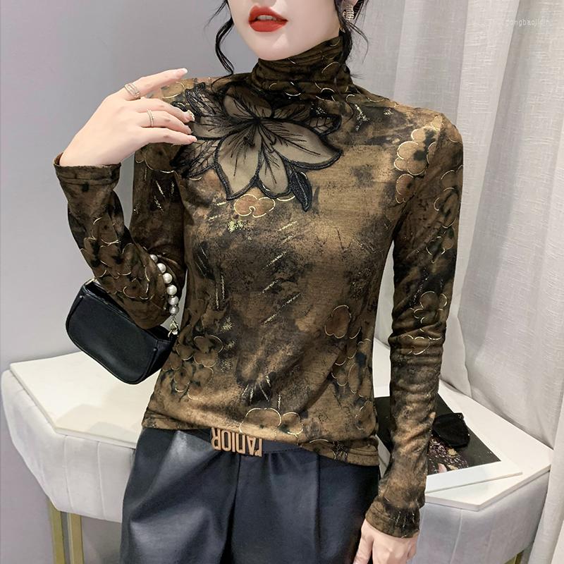 

Women's T Shirts Fall Winter European American Clothes T-Shirt Chic Sexy Turtleneck Patchwork Embroidery Print Women Tops Long Sleeve Tees, Leopared