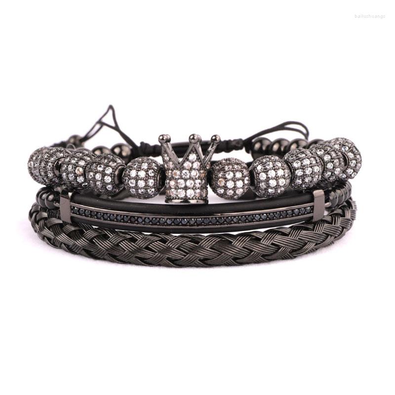 

Strand Luxury Men Jewelry Bracelet Set CZ Pave Crown Ball Beaded Handcraft Adjustable