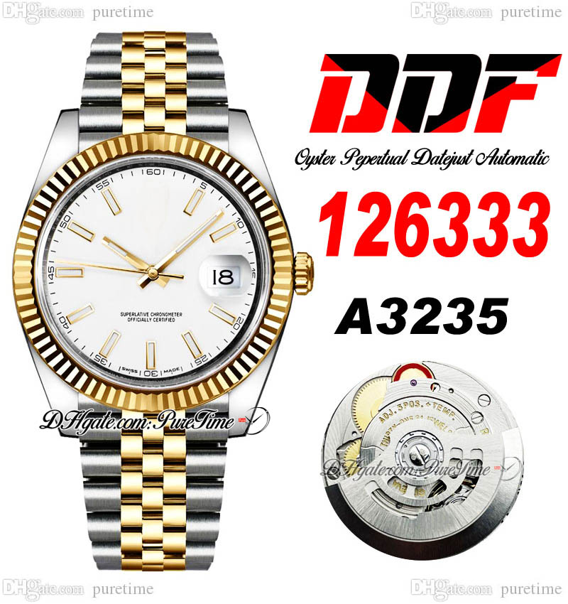 

DDF Date 126333 A3235 Automatic Mens Watch 41 Two Tone Yellow God Fluted Bezel Silver Stick Dial 904L OysterSteel Bracelet Super Edition Same Series Card Puretime B2