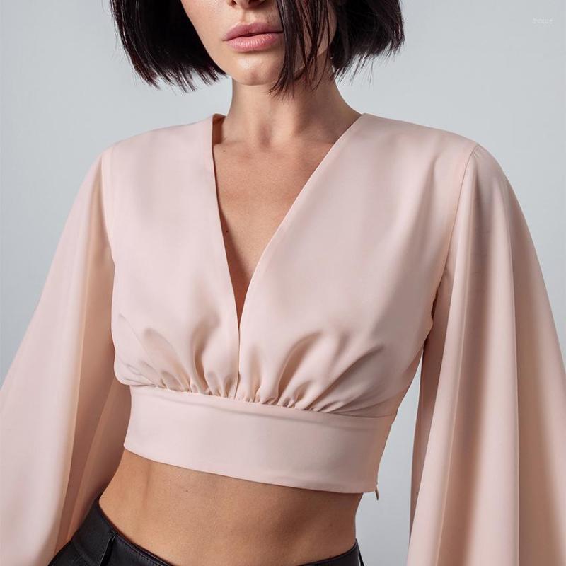 

Women' Blouses Spring V-Neck Fashion Lantern Long Sleeve Short Shirt Crop Tops Elegant Sexy Club Party Women 2022 Blouse Chiffon, Khaki