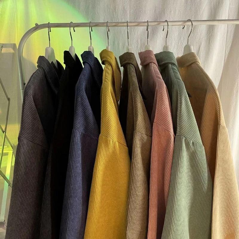 

Men' Casual Shirts Harajuku Vintage Men Women Corduroy Korean Style Solid 8 Color Cardigan Shirt Female Long Sleeve Streetwear Top, Green