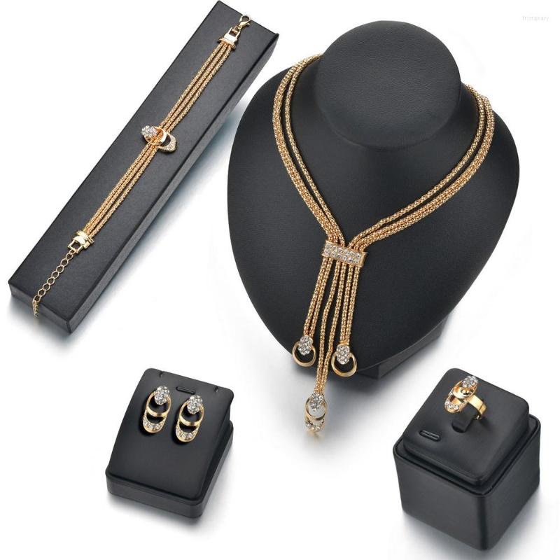 

Necklace Earrings Set MissCyCy Rose Gold Color Crystal Earring Bracelet Ring Rhinestone Simple Party Dress For Women, Picture shown