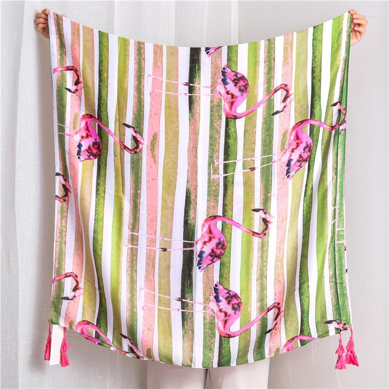 

Scarves 2022 Est Beautiful Flamingo Print Tassel Shawls Cotton Beach Stripe Wrap Scarf Hijab Muffler