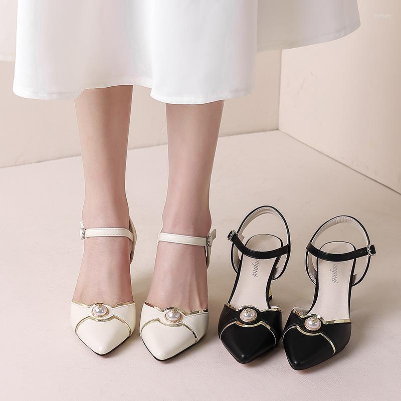 

Sandals White Pearl Pointed Toe Women Shoes Female Pumps Thick Heels Casual Ladies Summer Buckle Strap Slingback Zapatos Mujer, Picture shown