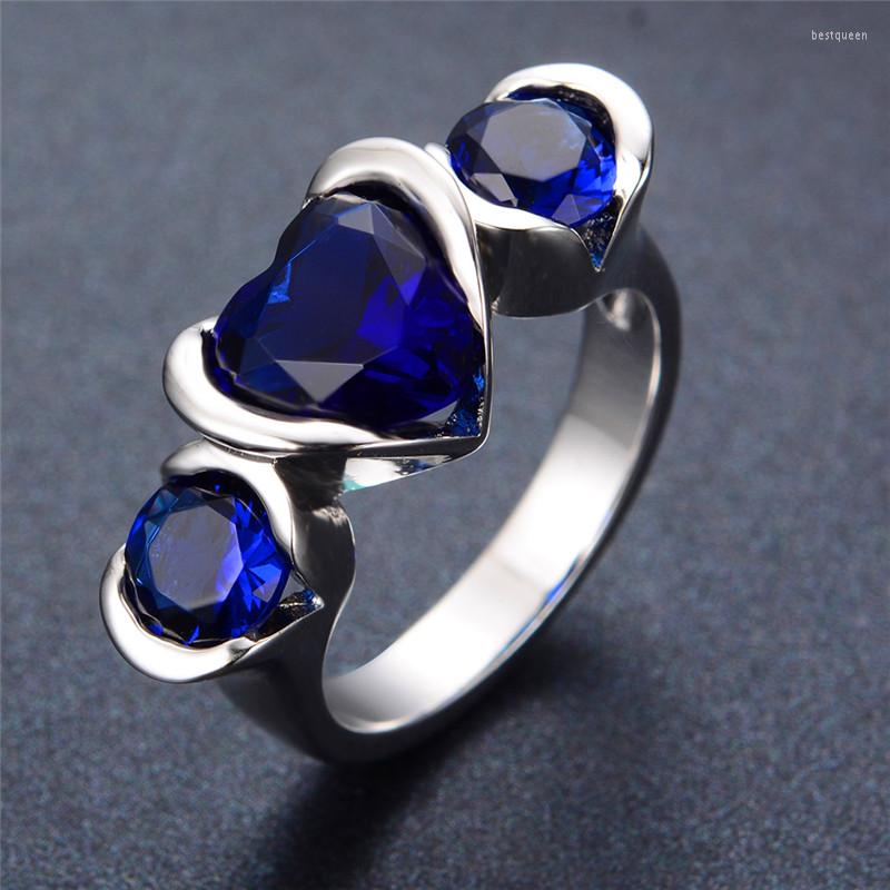 

Wedding Rings Vintage Female Blue Crystal Stone Ring Cute Silver Color Zircon Luxzury Big Band Engagement For Women Men