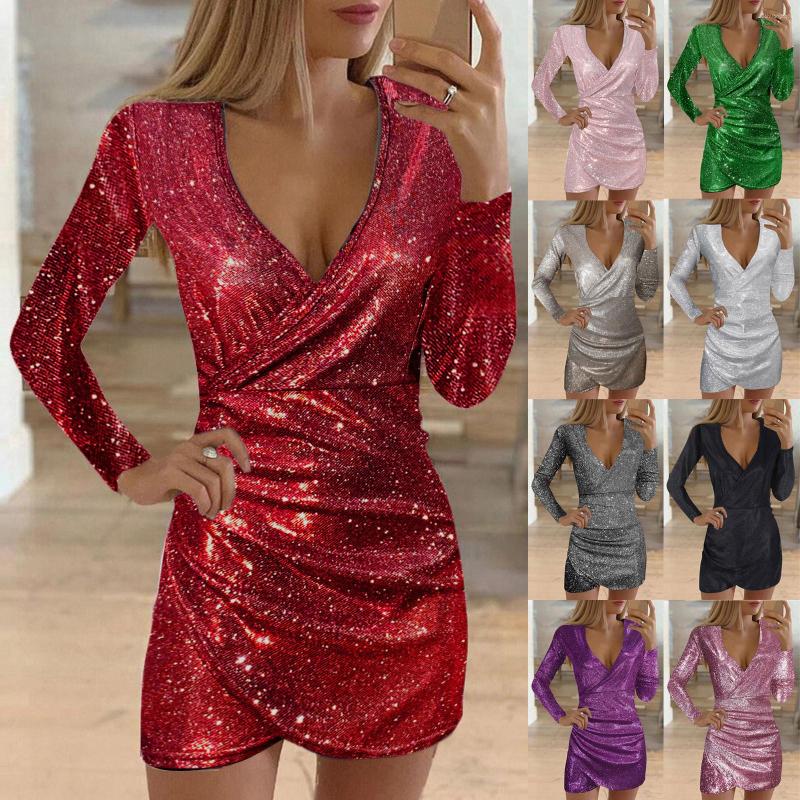 

Casual Dresses Women Sexy Sequins V Neck Sequin Long Sleeve Self Cultivation Slim Elegant Ladies Party Dress Vestido Robe Sukie, Gray