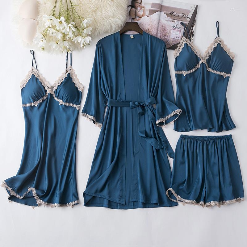 

Women's Sleepwear Lace Satin Robe Gown Sets Womens Sleep Suit Spring Nighty Bathrobe Kimono Home Wear With Chest Pads Nightgown, Burgundy - 2 pcs a